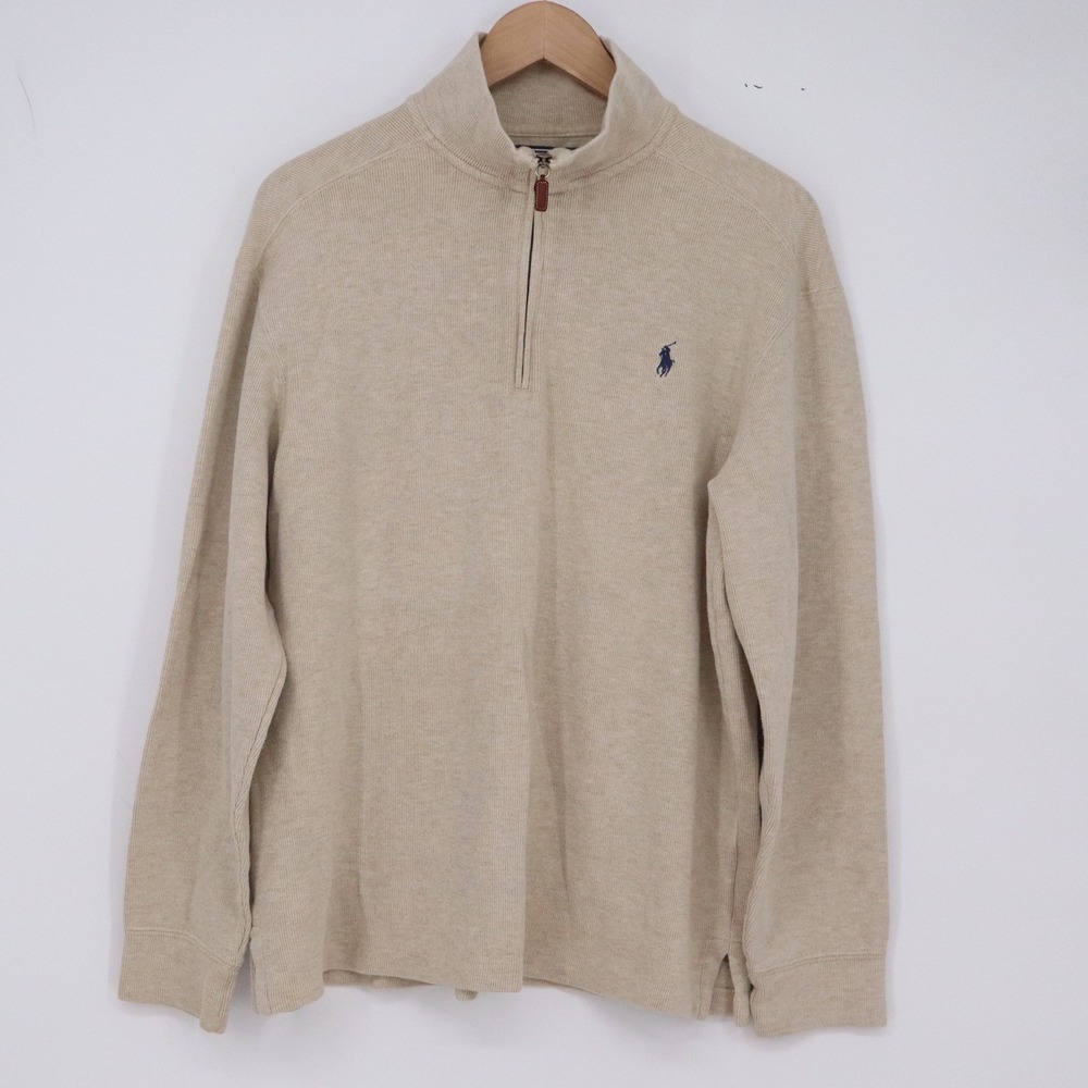 Polo Ralph Lauren Pullover Mens M Quarter-Zip Beige Cotton Logo Excellent